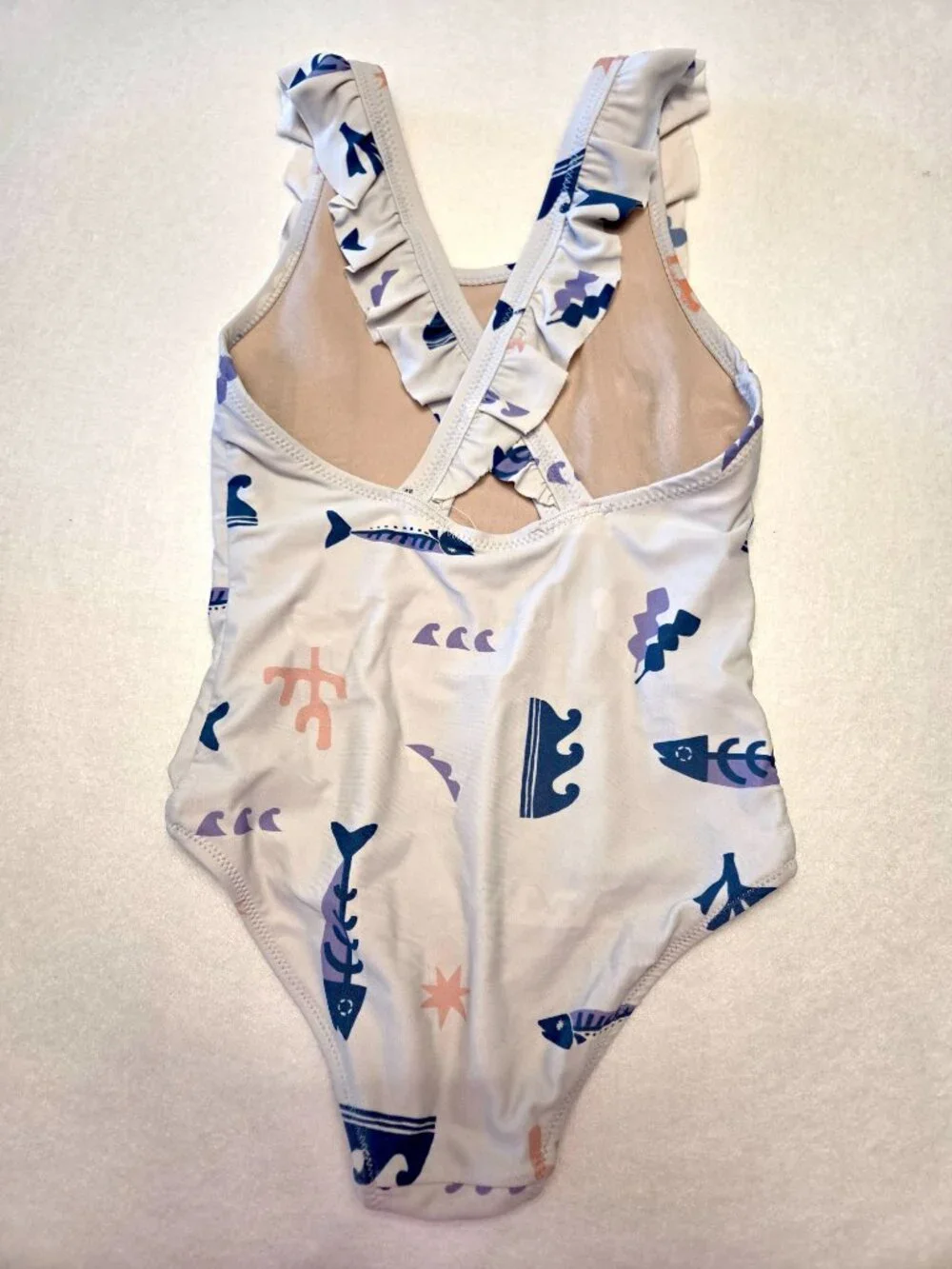 Tea Collection Girls Ruffle One Piece Swimsuit Off-White Print Girls Size 6